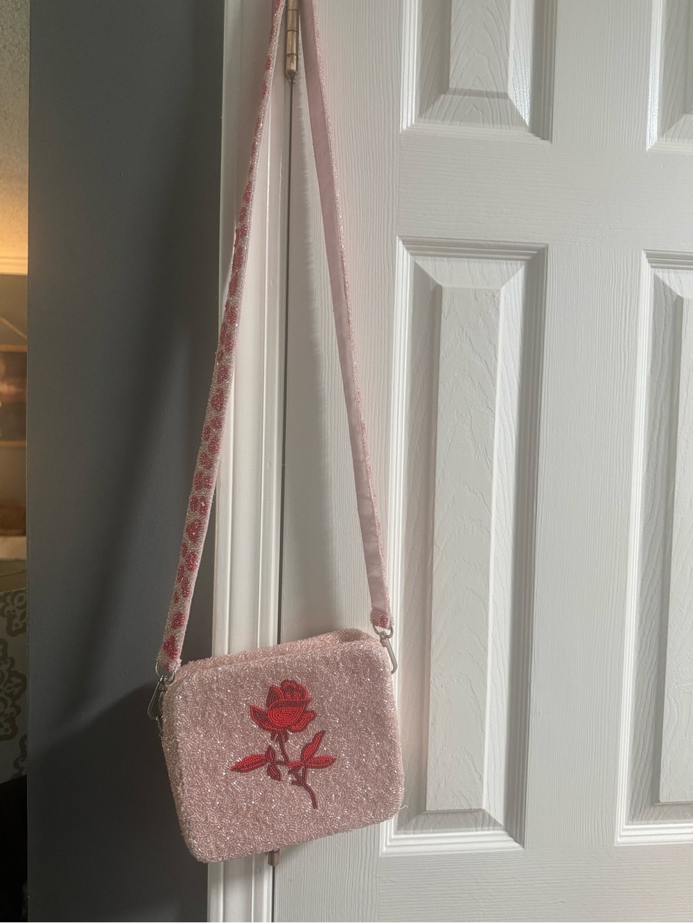 Tiana New York Pink Beaded Crossbody Bag with Red Rose Accent